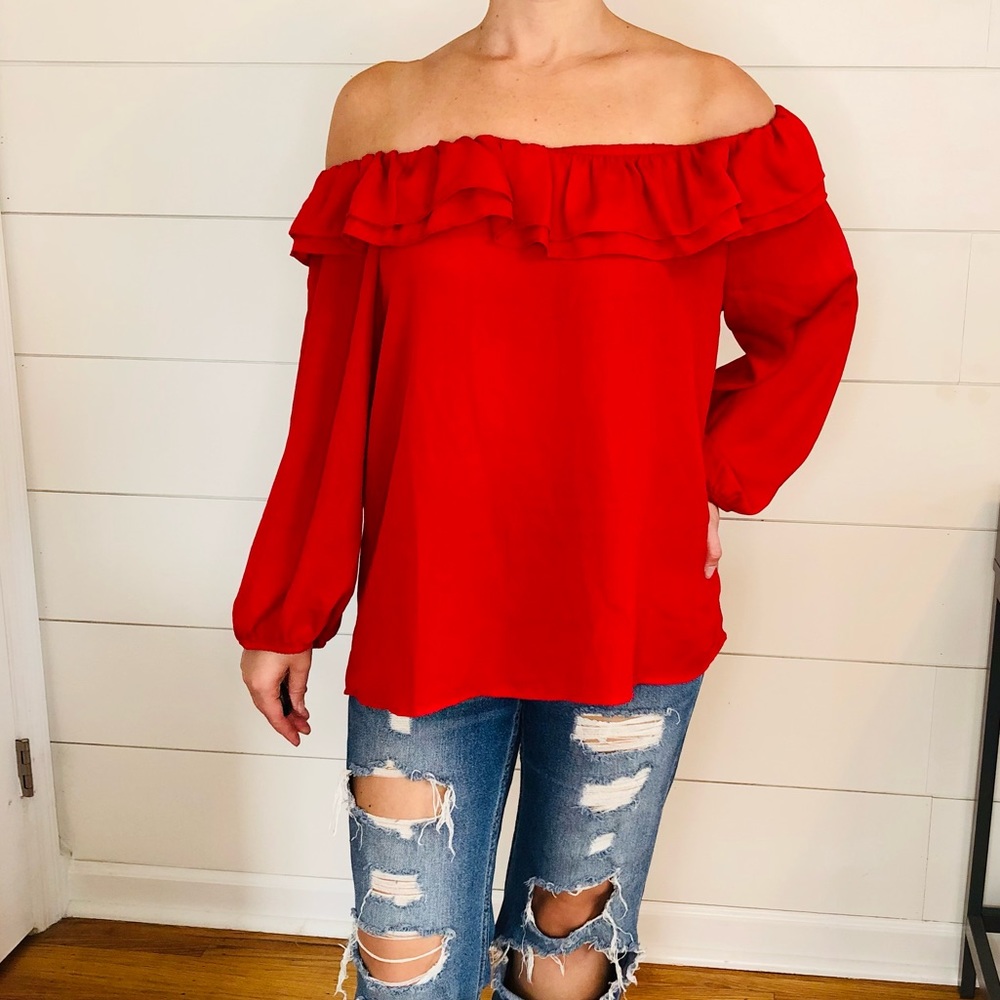 *SOLD* J. Crew Off the Shoulder Ruffle Red Blouse - Picture 3 of 8